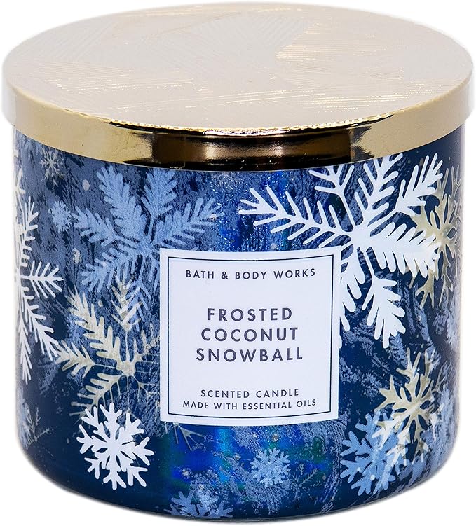 White Barn Bath and Body Works, 3-Wick Candle w-Essential Oils - 14.5 oz - 2020 Holidays Scents (Frosted Coconut Snowball), White Soy Wax, Blue and White Jar Print, Gold Lid, Transparent Glass