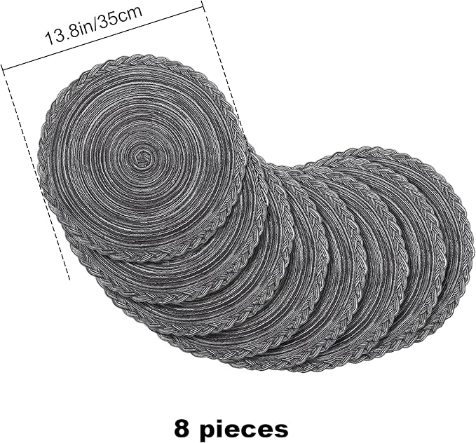 fanquare Round Braided Placemats Set of 8, Woven Kitchen Table Mats 15 Inch Round Woven Table Mats Cotton Polyester Place Mats for Dining Wedding Party