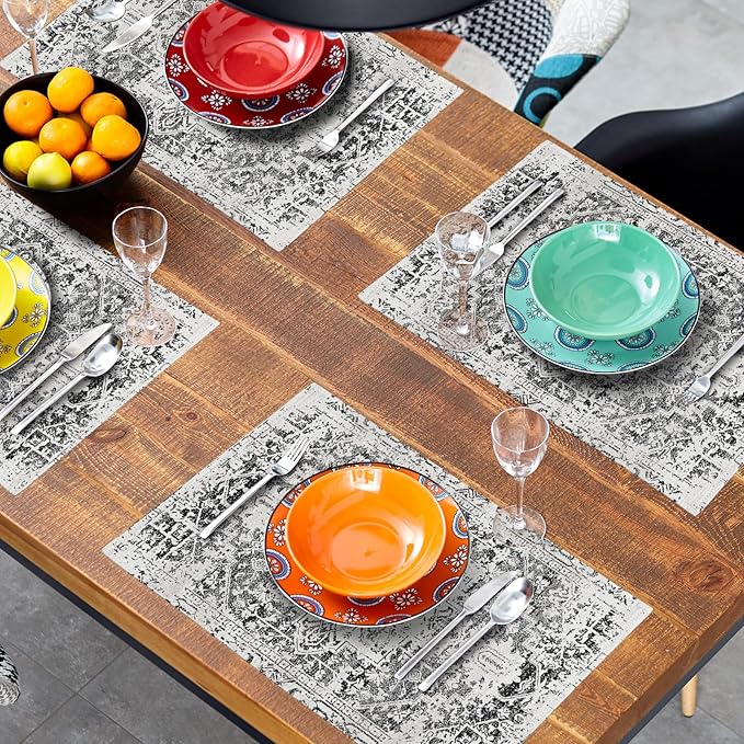 Gray Black Boho Placemats Set of 4 Ethnic Bohemian Carpet Place Mats Washable Kitchen Dining Vintage Grey Geography Floral Linen Table Mats Stain Heat-Resistant Cloth Tabel for Home Party 12x18 in