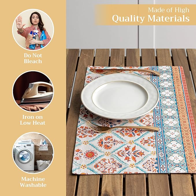 Maison d' Hermine Placemats Set of 4 100% Cotton Washable Cloth Place Mats, Reusable Table Mats for Kitchen Dining Decoration, Party, Wedding, Restaurant (Romane, 13" x 19")