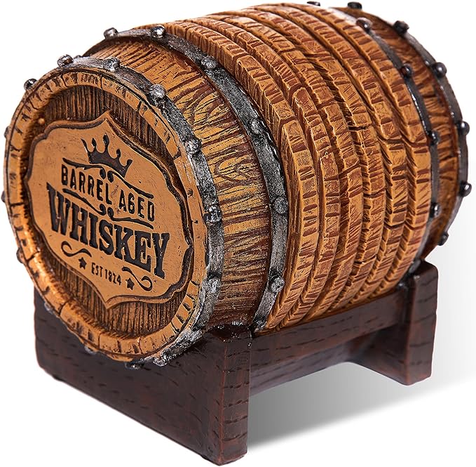 Cabin Obsession Whiskey Barrel Coaster Set β Handcrafted Whiskey Barrel Decor for Whiskey Lovers and Man Cave Gifts for Men - 6 Full Size Whiskey Coasters with Barrel Style Holder for Man Cave DΓ©cor