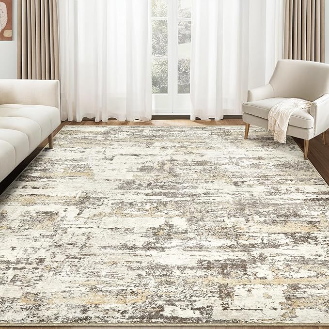 Area Rugs for Living Room: 7x9 Abstract Washable Rug Modern Neutral Large Soft Stain Resistant Non-Slip Backing Machine Table for Bedroom Dining Room Indoor Home Office Carpet - Gold Brown