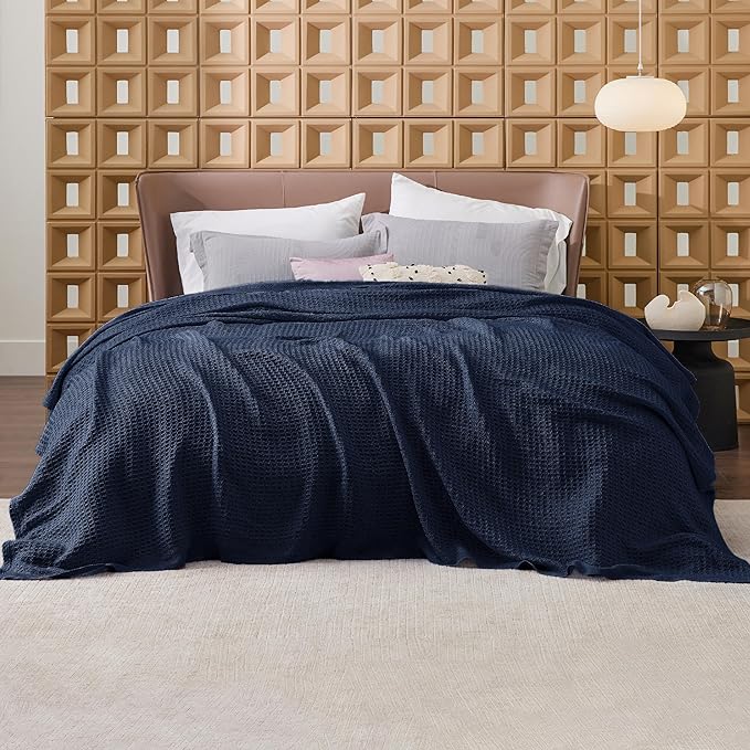 Bedsure 100% Cotton Blanket King Size for Bed - Breathable and Soft, Waffle Weave Blanket for Summer Spring, Pageant Blue, 104x90 inches