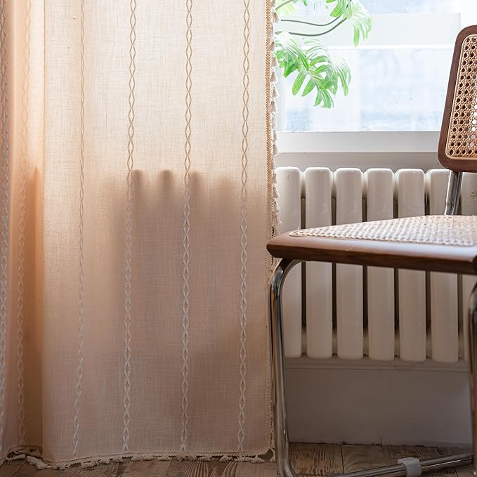 Sutuo Home Boho Curtains for Bedroom Dining Room Kitchen, Semi Blackout Linen Farmhouse Shabby Chic Tassels Window Treatment Bohemian Embroidery Drape, Rod Pocket 1 Panel 52" W x 63" L Champagne