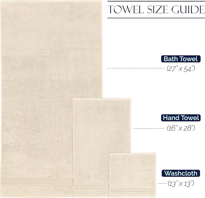Elegant Comfort Premium Cotton 6-Piece Towel Set, Includes 2 Washcloths, 2 Hand Towels and 2 Bath Towels, 100% Turkish Cotton - Highly Absorbent and Super Soft Towels for Bathroom, Ivory