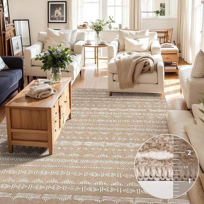 Area Rug 6x9 Living Room Distressed Area Rugs, Non Slip Washable Rugs Large Moroccan Boho Farmhouse Rug for Bedroom Dining Room, Neutral Low Pile Indoor Floor Carpet, Coffee