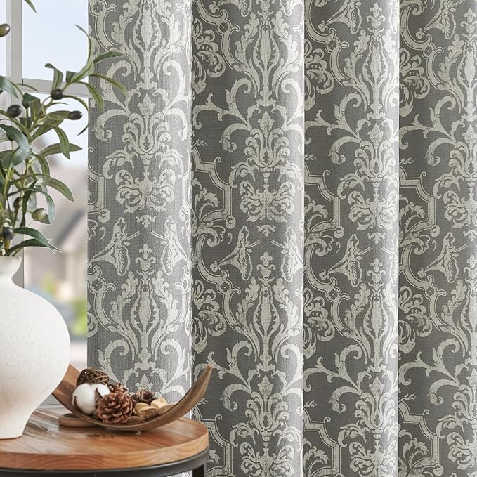 jinchan Room Darkening Curtains for Bedroom Grey Damask Patterned Curtains 96 Inch Length for Living Room Linen Textured Vintage 8FT Long Drapes Medallion Window Treatments Grommet Top 2 Panels Set