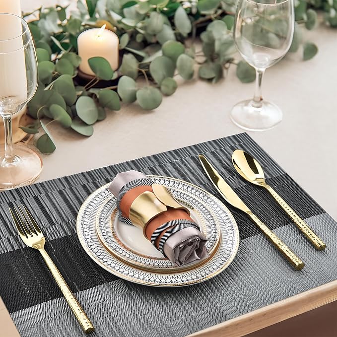 Placemats Set of 8 - Easy Clean Washable Vinyl Placemats - Heat Resistant Placemats for Kitchen Table - PVC Table Mats for Dining Table (Black and Gray, 8)