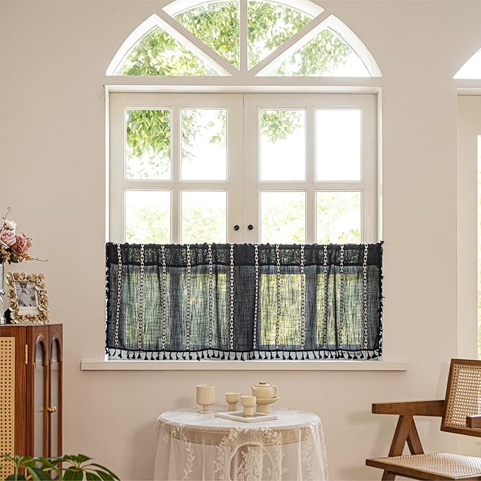 Sutuo Home Boho Valance Curtain Tier 36 inches for Kitchen Cafe Closet, Short Farmhouse Vintage Tassels Window Treatment Bohemian Stripe Embroidery Drape Rod Pocket 1 Panel 52" W x 36" L, Black