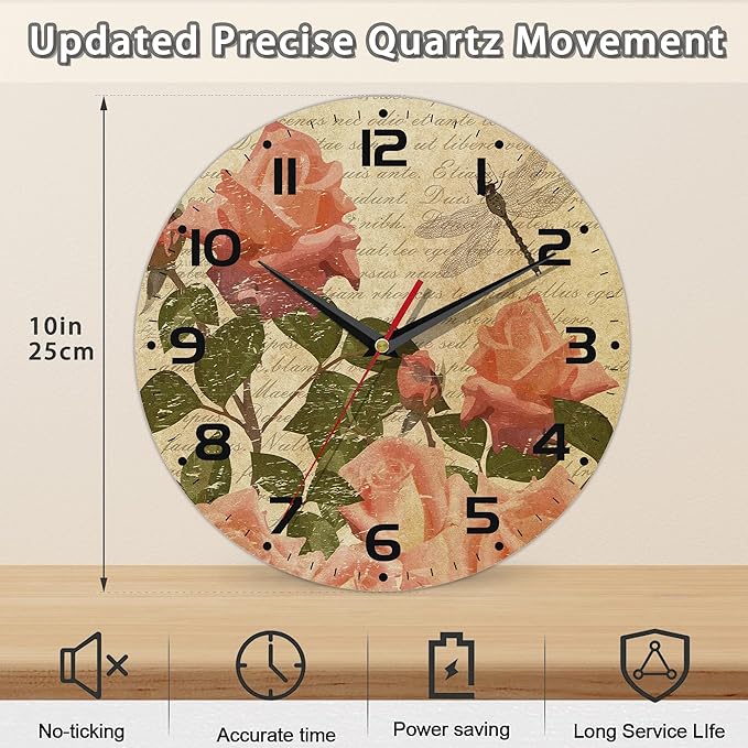 Wall Clock, Vintage Flowers with Roses and Dragonfly Wall Clock Silent Non-Ticking Battery Operated Clock 10 Inch, Home Decor for Living Room, Kitchen, Bedroom and Office