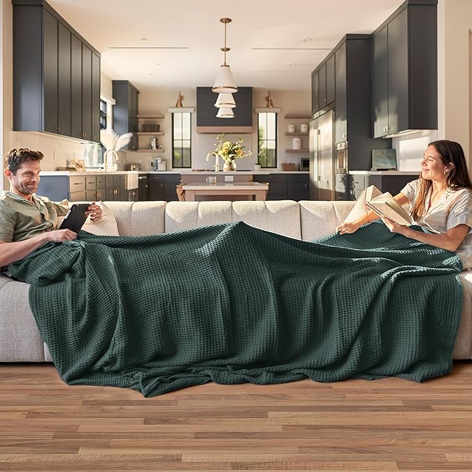 Bedsure 100% Cotton Blanket Queen Size for Bed - Breathable and Soft, Waffle Weave Blanket for Summer Spring, Dark Green, 90x90 Inches