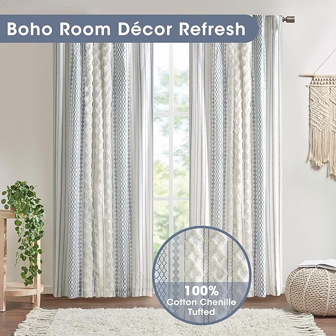 INK+IVY Boho Curtains for Bedroom Single Panel Window Curtains for Living Room, 100% Cotton Tufted Chenille Stripe Modern Farmhouse Curtains Light Filtering Drapes for Bedroom, 50" x 84", Ivory/Navy