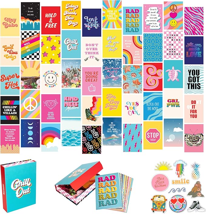 Artivo Bright Indie Collage Kit Aesthetic Pictures, 50 Set 4x6 inch, Colorful Bedroom Decor for Teen Girls, Fun Wall Art for Kids, Dorm Wall Decor, Small Posters for Room (Bright 50 Set)
