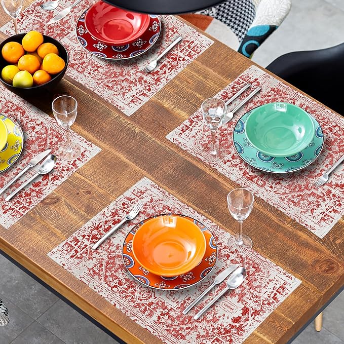 Gray Red Boho Placemats Set of 4 Ethnic Bohemian Carpet Place Mats Washable Kitchen Dining Vintage Grey Geography Floral Linen Table Mats Stain Heat-Resistant Cloth Tabel for Home Party 12x18 in