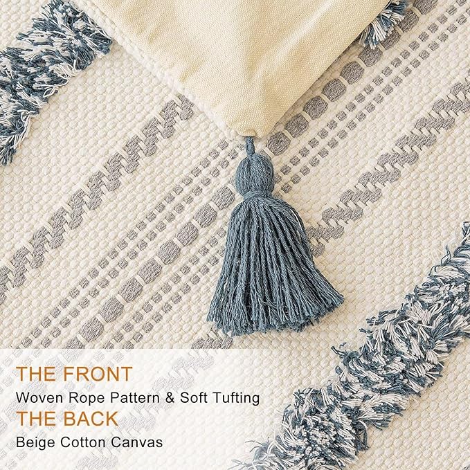 Boho Throw Pillow Covers 20x20 Set of 2 Woven Tufted Farmhouse Pillows Cover with Tassels Textured Striped Cushion Case Neutral Pillow Cases Decorative Pillowcase for Sofa, Bed, Dark Blue