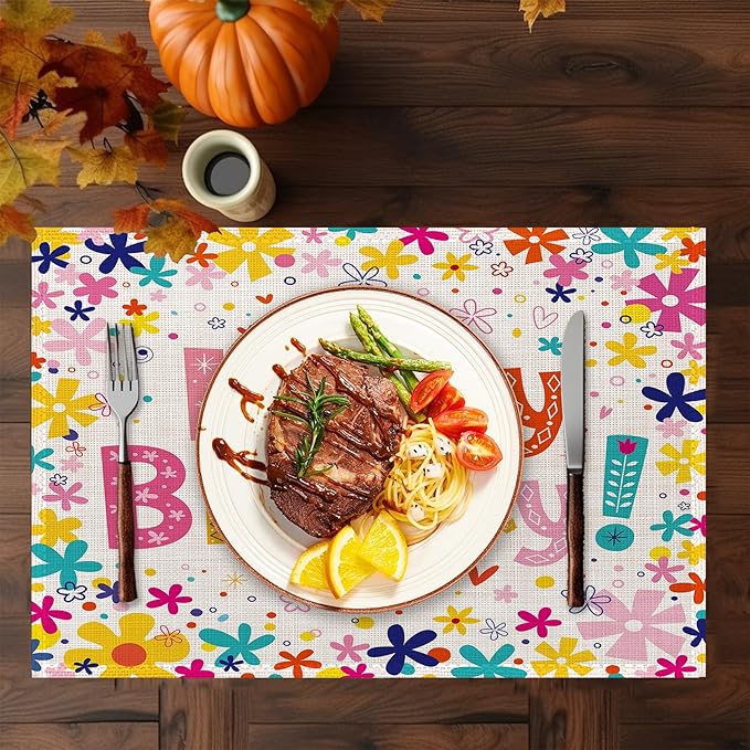 Happy Birthday Placemats Set of 6,Washable Heat Resistant 12×18 Inch Linen Table Mats Birthday Party Place Mats for Party Outdoor Dining Décor