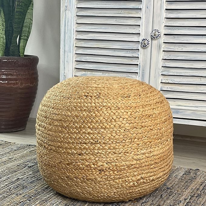 Chardin home- Natural Braided Ottoman Pouf - Cozy & Bohemian Jute/Hemp Hand Crafted Casual Seating for Home, Office, Bedroom, 18"x18"x14". (Golden Brown)