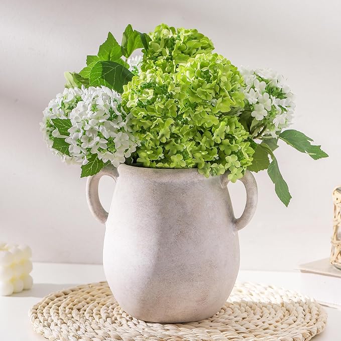 Ceramic Flower Vase Home Decor - 7.1 Inch White Rustic Table Flowers Vases Living Room Bedroom Plant Decoration Modern Farmhouse Vintage for Kitchen Shelf Office Coffee Dining Desk House Women