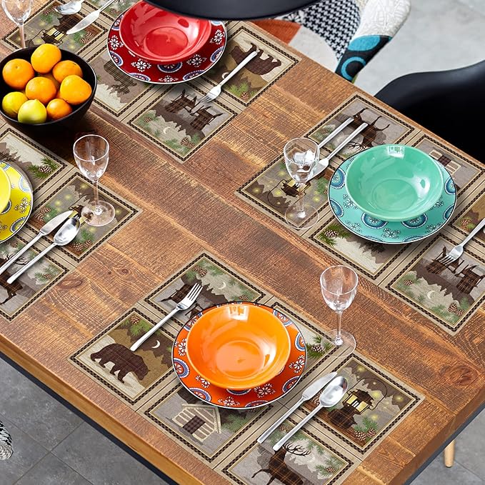 Giwawa Vintage Bear Deer Placemats Rustic Wildlife Moose Forest Animal Cabin Lodge Lake Pine Cone Heat-Resistant Linen Table Place Mats Set of 4 for Dining Kitchen Country Camp Style Farmhouse Decor