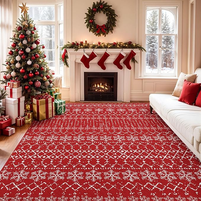 Christmas Area Rugs 8x10 for Living Room Red Snowflake Plaid Decorative Modern Rug Holiday Decor Geometric Non Slip Rug Washable Carpet for Bedroom Dining Room