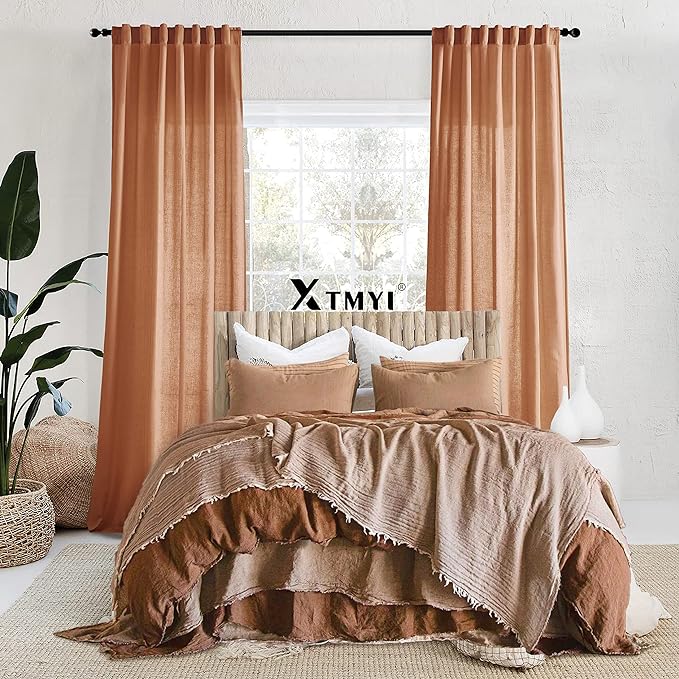 XTMYI 70 Inches Wide Terracotta Country Curtains for Living Room,Sheer Linen Curtains for Bedroom 96 Inches Long