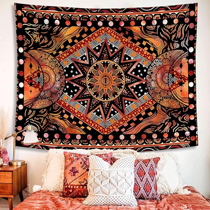 Fowocu Orange Sun and Moon Tapestry Wall Hanging, Indie Hippie Mandala Cool Wall Tapestries, Aesthetic Tapestry for Bedroom Living Room Dorm (Orange, 70.8'' × 90.5'')