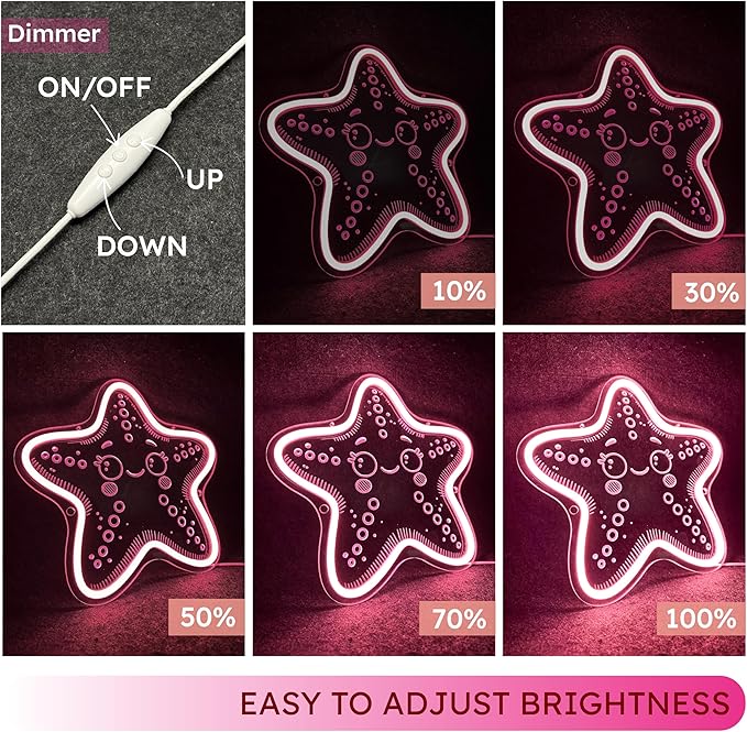Starfish Neon Sign, Pink Neon Sign, Kawaii Star Ocean Decor Design, USB Cable with Dimmer, Beach Themed Night Light Gift for Craft Room Kid Wall Decor (11,8 * 11,5in)