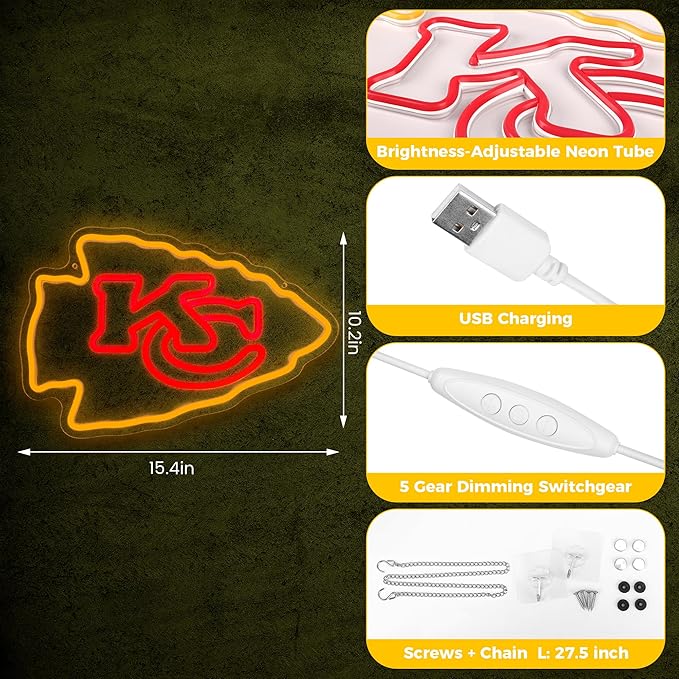 Football Team Neon Sign, Cool Light Up Dimmable KC Team Logo Hanging Led Neon Sign for Wall Decor, Man Cave, Garage, Party, Bar, Game Room Deco, Birthday Gift for Football Fan