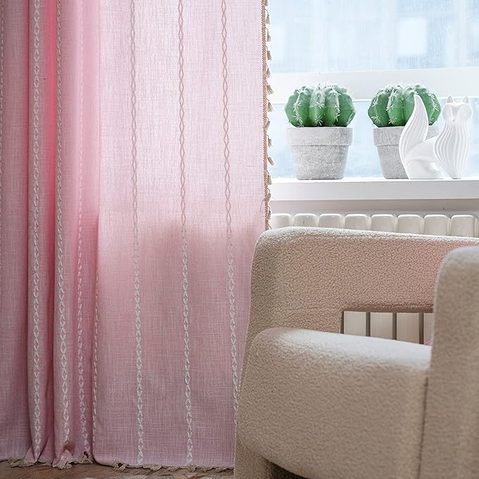 Sutuo Home Boho Curtain for Bedroom Living Room 63 Inch Length, Light Filtering Country Farmhouse Vintage Shabby Chic Tassels Window Treatment Bohemian Drape, 1 Panel 52" W x 63" L, Pink