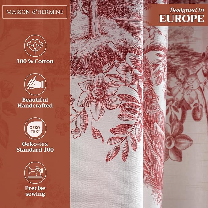 Maison d' Hermine Curtains for Living Room 100% Cotton 108 inch Length Two Panels Light Filtering Toile Curtains for Bedroom Windows with Rod and Loop Pockets Drapes (Trianon Red, 50" W x 108" L)