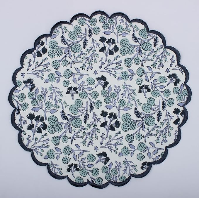 Ridhi Bo-ho Round Place Mat Double Layer Floral Cotton Washable Placemats 15" Round Embroidery Block Print Table Mat (Pack of 4-15 Inch Round, Denim Blue)