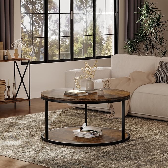 JUMMICO 36" Coffee Tables with Storage, 2-Tier Round Coffee Table, Center Table for Living Room, Furniture for Small Spaces, Brown