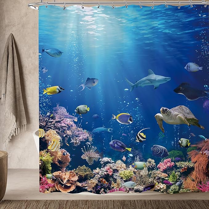 Blue Ocean Fish Shower Curtain 72x72 Tropical Marine Life Under The Sea Shower Curtain for Bathroom Modern Underwater Coral Turtle Bathtub Curtain Nature Blue Summer Beach Bathroom Decor