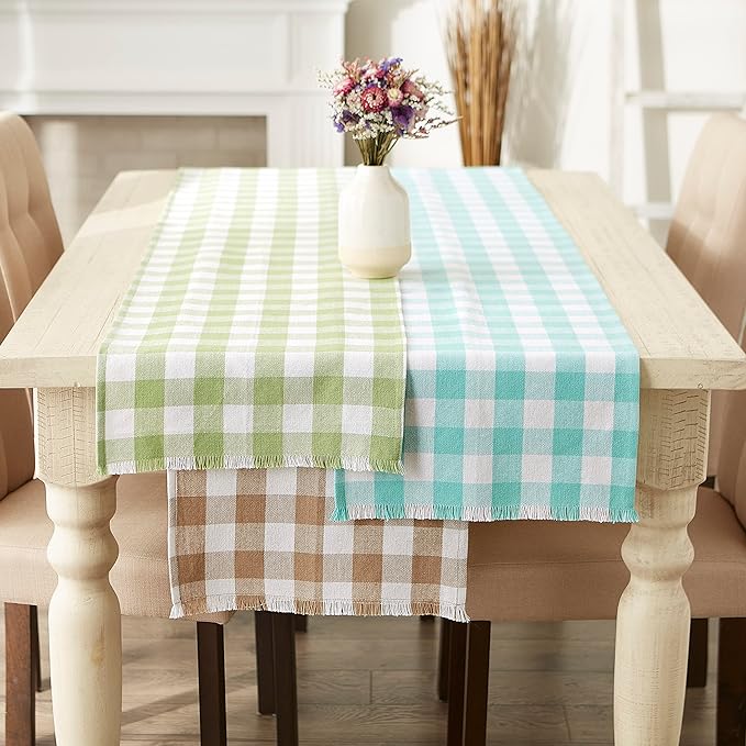 DII Heavyweight Fringed Check Tabletop Collection, Table Runner, 14x108, Bright Green