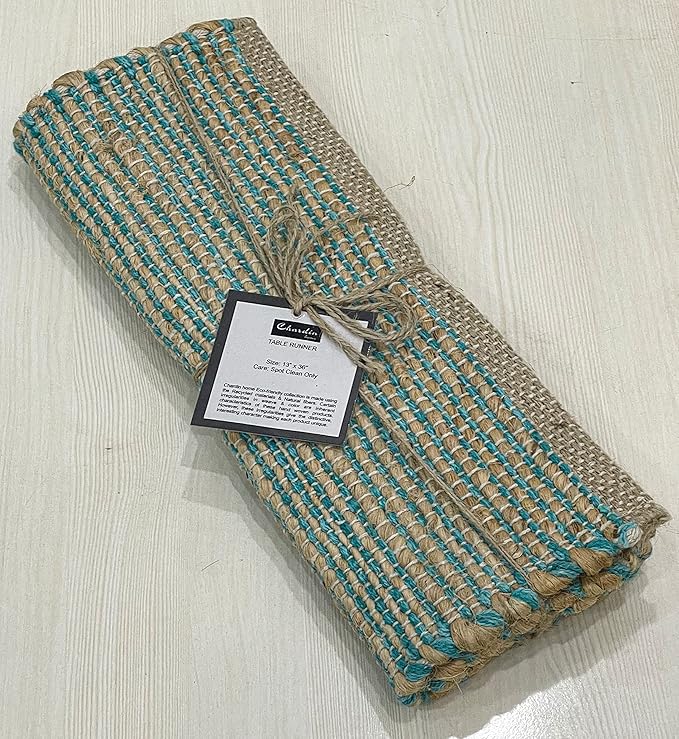 Chardin home | Natural Jute Table Runner | 13x36 Rustic Farmhouse Table Runner | Table Runner Colors - Natural Jute and Aqua Turquoise.