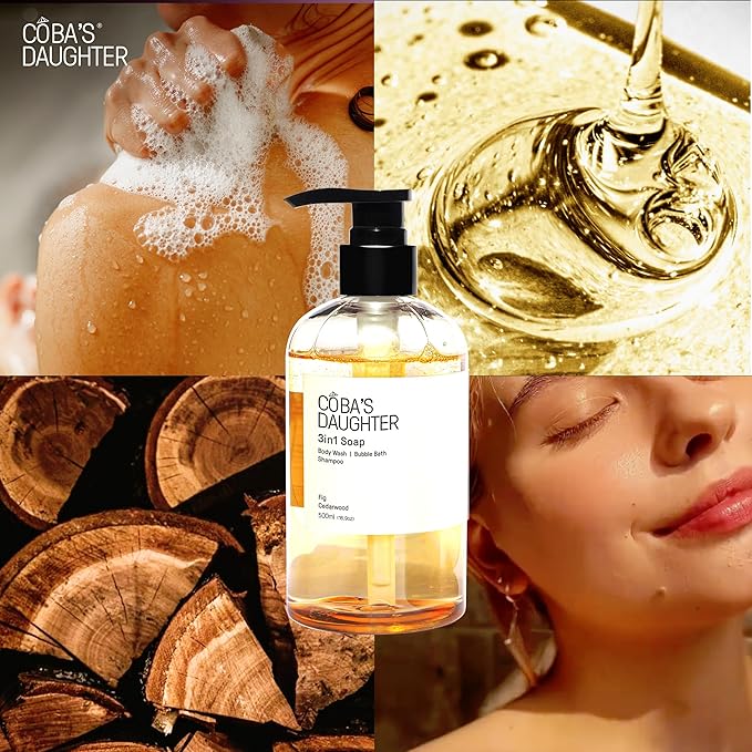 COBA'S DAUGHTER | 3in1 Bubble Bath, Body Wash & Hand Wash for Men and Women | Nourishing Fig & Cedarwood Scent Liquid Soap with Inulin & Seaweed Extract | Cleanses, Softens & Conditions Skin (16.9oz)