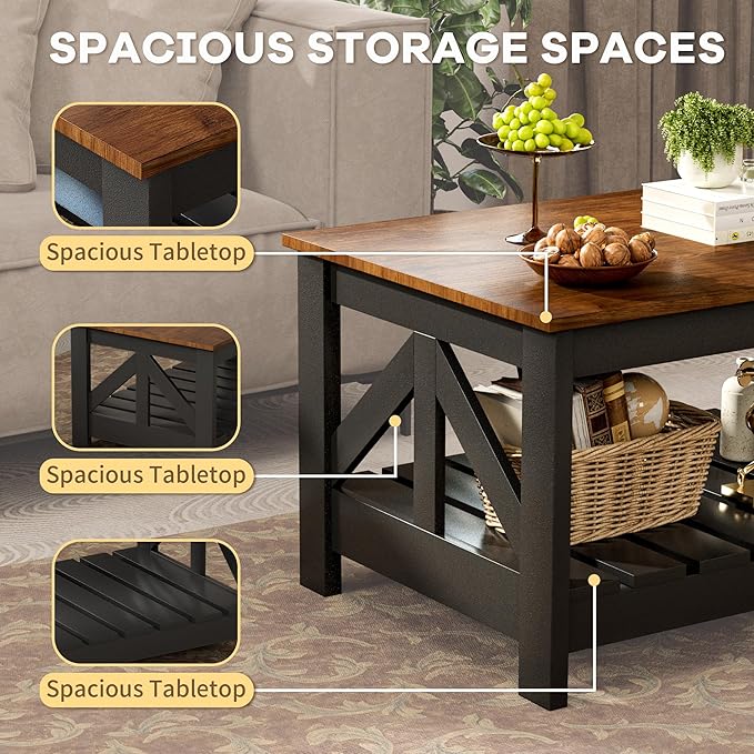 JUMMICO 39” Farmhouse Coffee Table for Living Room, 2-Tier Modern Living Room Table with Storage Shelf, Rustic Rectangular Center Table Space Saving Home Furniture (Rustic Brown & Black)