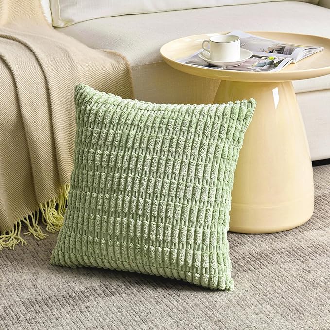 Fancy Homi Set of 4 Spring Boho Decorative Throw Pillow Covers 16x16 Inch for Couch Bed Sofa, Sage Green Yellow Room Decor, Soft Fuzzy Fluffy Cozy Corduroy Textured Cushion Case 40x40cm