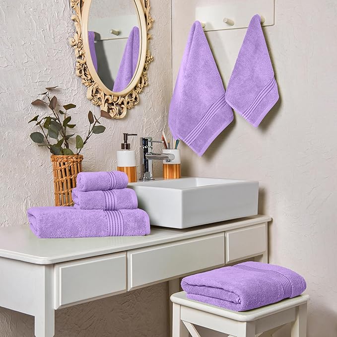 Elegant Comfort Premium Cotton 6-Piece Towel Set, Includes 2 Washcloths, 2 Hand Towels and 2 Bath Towels, 100% Turkish Cotton - Highly Absorbent and Super Soft Towels for Bathroom, Lilac