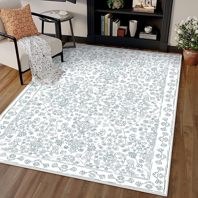 Floral Area Rug 4x6 Washable Entryway Blue Carpet Non Slip Boho Thin Farmhouse Throw Accent Rug for Living Room Bedroom Office Kitchen Bathroom