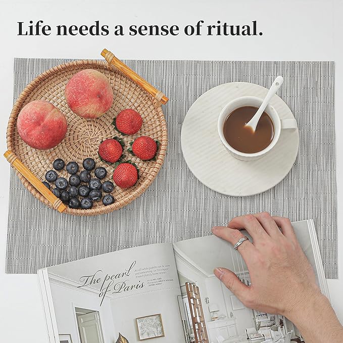 Leetaltree Silver Placemats Set of 8 - Heat Resistant Non-Slip Place mats for Dining Table, Washable Durable PVC Vinyl Woven Table Mats(Silver, 8)