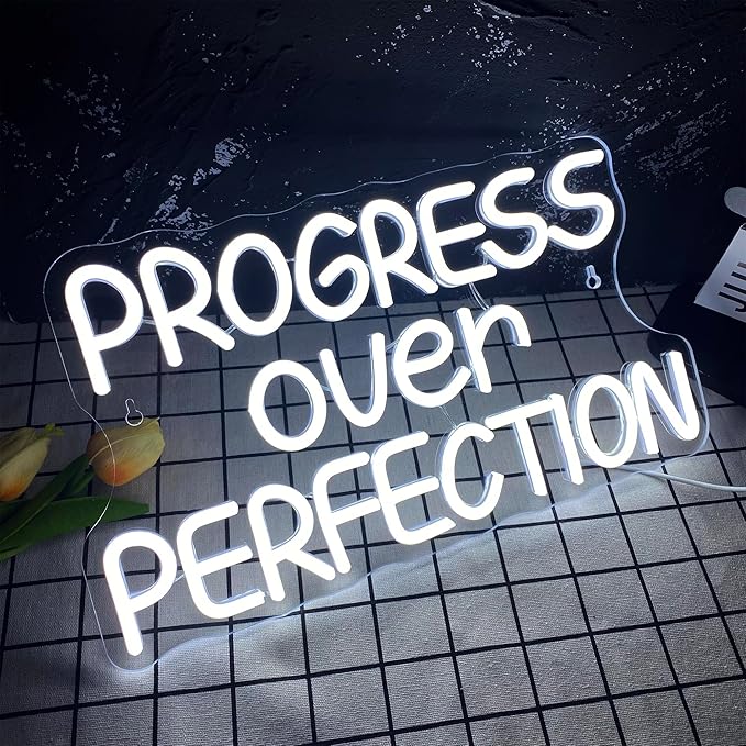 Progress Over Perfection Neon Sign,Dimmable Classroom Positive Neon Light, USB Neon Light for Motivational Classroom Decor Positive Affirmation Mental Health Man Cave Office Wall Decor(15.7 * 9 in)