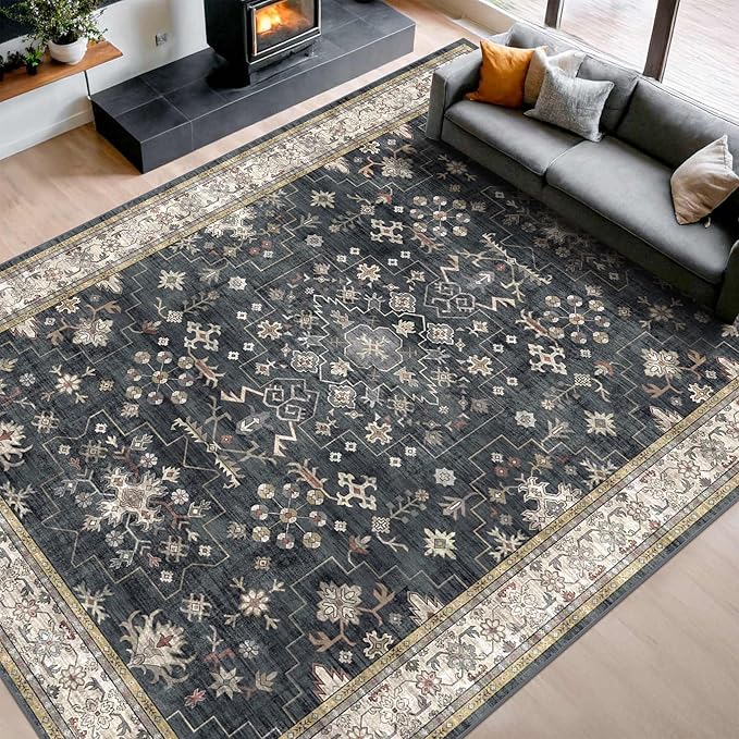 Boho Black Rug for Living Room - Washable 10x14 Area Rug, Dining Room Rugs for Under Table, Soft Low Pile Carpet for Large Bedroom - Farmhouse Decor, Non-Slip & Stain Resistance (10x14 Black/Multi)