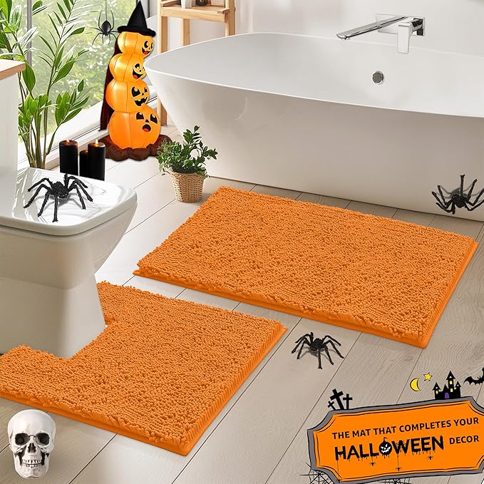 Orange Bathroom Rugs Chenille 2-Piece Bath Mat Set, Soft Plush Bath Rug +Toilet Mat.1'' Microfiber Shaggy Carpet, Super Absorbent Machine Washable - Square Curved Set (20”x 30” + 20”x20” U, Orange)