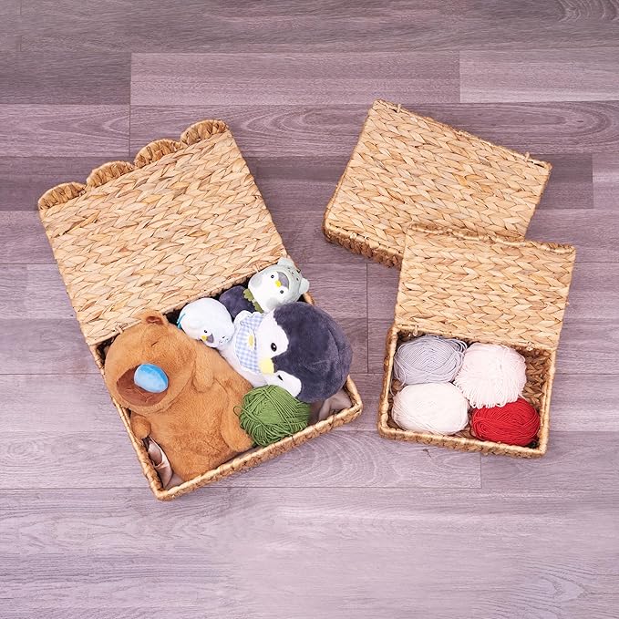 Scalloped Edge Wicker Basket with Lids, Rectangle Wicker Storage Basket with Built-in Handles, Multipurpose Organizer Rattan Display Boxes for Shelf, Nursery Room, Set of 2