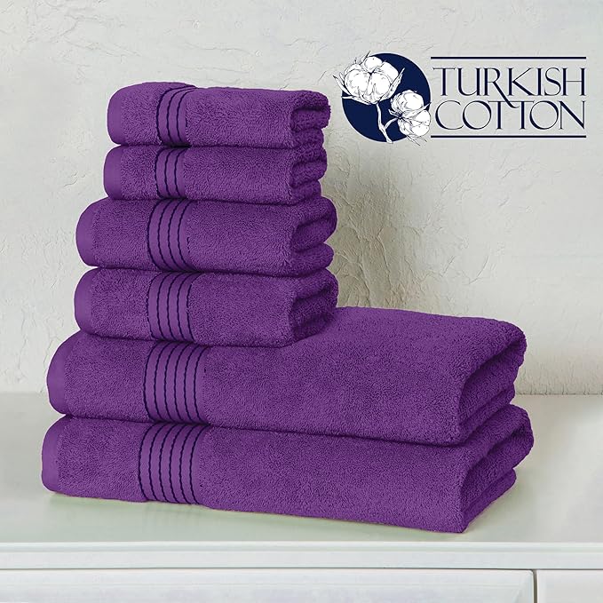 Elegant Comfort Premium Cotton 6-Piece Towel Set, Includes 2 Washcloths, 2 Hand Towels and 2 Bath Towels, 100% Turkish Cotton - Highly Absorbent and Super Soft Towels for Bathroom, Purple