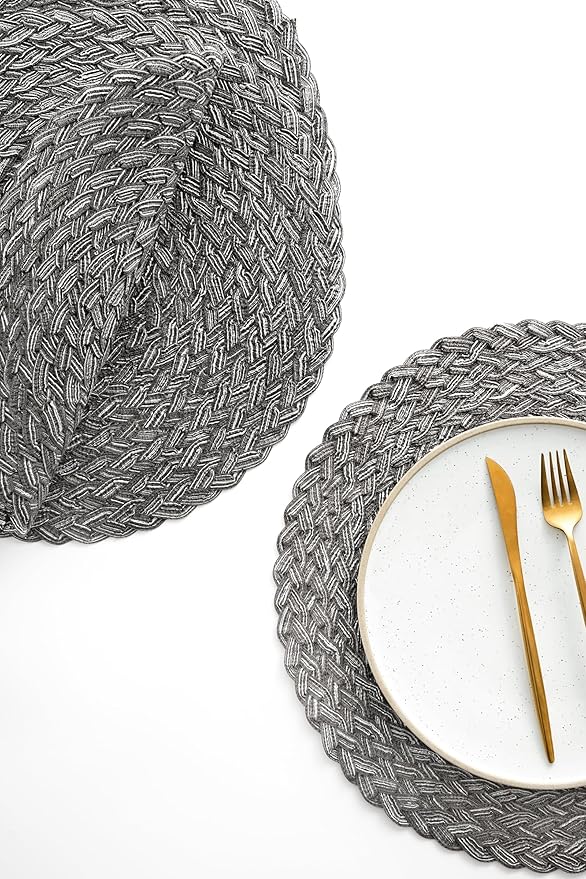 Floroom 15 Inch Round Braided Placemats Set of 6, Washable Heat Resistant Cotton Polyester Circle Boho Place Mats for Kitchen Dining Table - Mist Grey