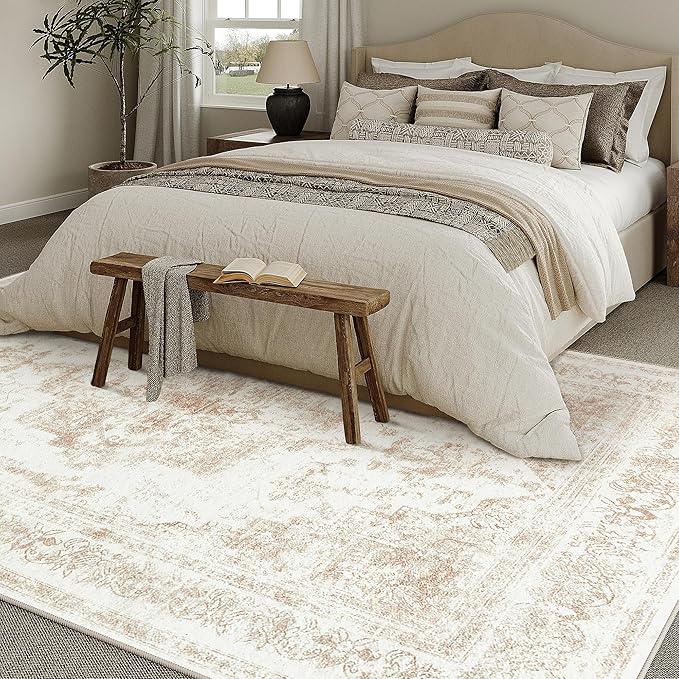 Washable Rug 6x9 Area Rug for Living Room Beige Vintage Boho Medallion Large Distressed Retro Carpet Non Slip Indoor Low Pile Small Soft Bedroom Dining Room Home Office