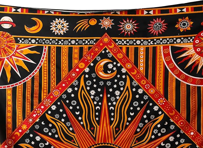Popular Handicrafts Tapestry Wall Hanging Burning Sun and Moon Hippie Mandala Bohemian Hippy Intricate Indian Tapestry 84x90 Inches (215cm x 230cm) Golden