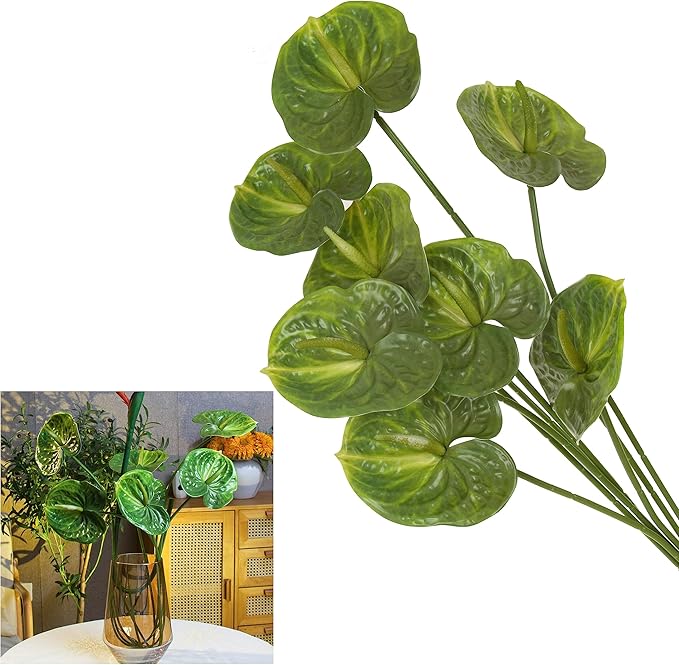 10pcs Artificial Anthurium,28 Inch Faux Tropical Plants Tailflowers,Realistic Flamingo Flower for Home Decor Centerpiece Wedding Bouquet Bonsai,Green